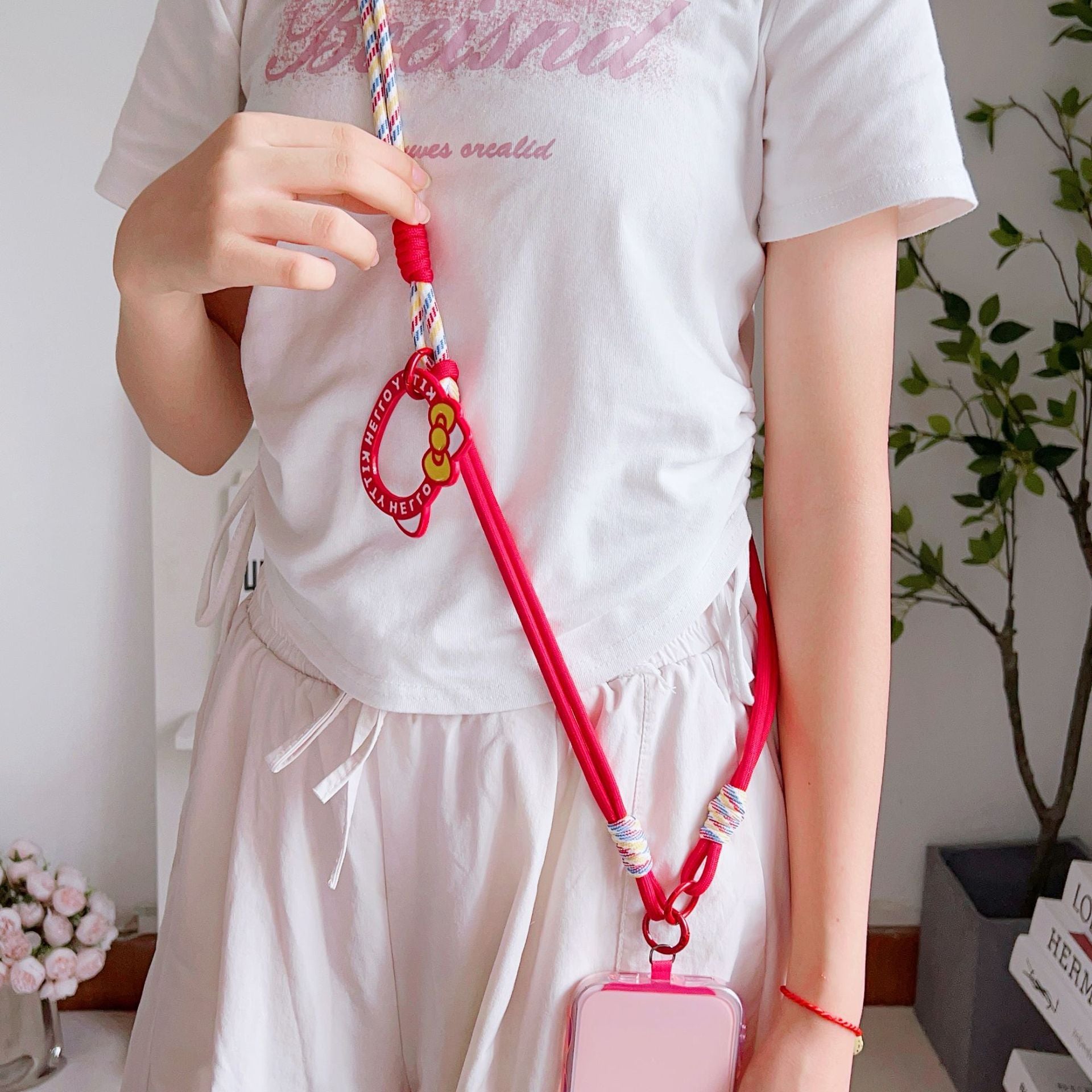 Cat-Print Long-Strap Color-Block Neck-Wear Crossbody Adjustable Phone Strap