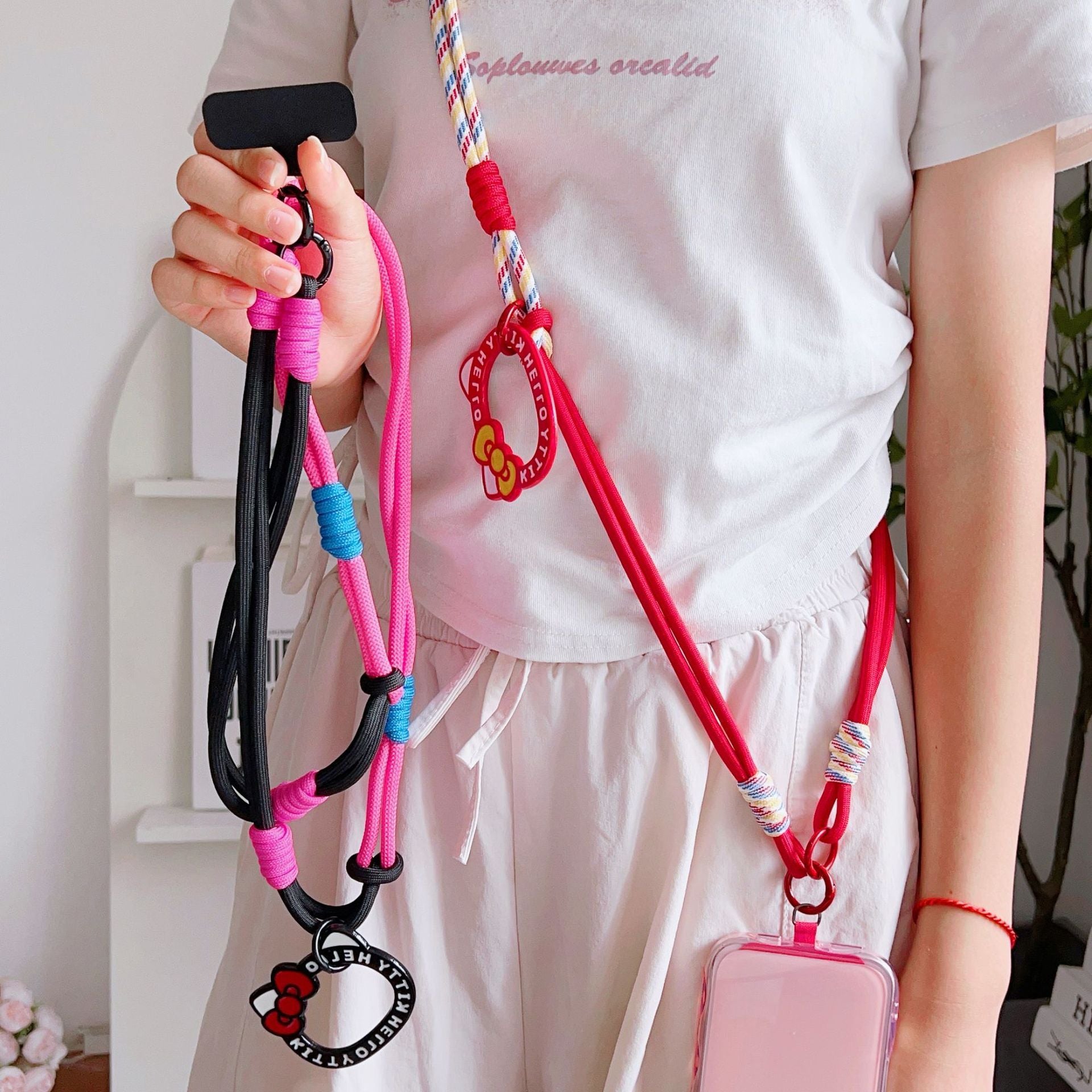 Cat-Print Long-Strap Color-Block Neck-Wear Crossbody Adjustable Phone Strap