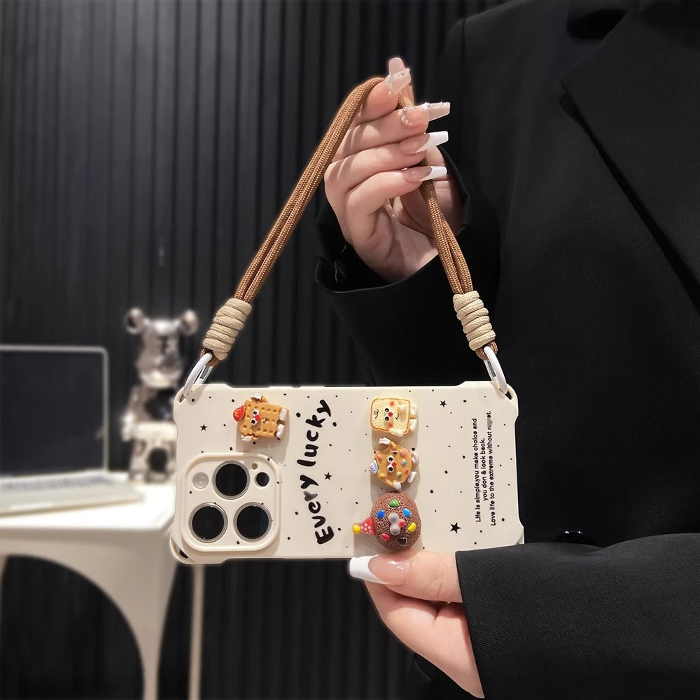 Drop-Resistant 3D Cookie Party Case for iPhone 16 Pro Max iPhone 15 Pro Case with Corner Lanyard Holes